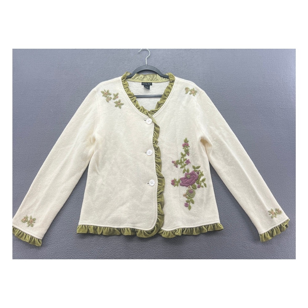 Tally-Ho Wool Cardigan Sweater Womens L Floral Embroidery Velvet Ruffle Trim